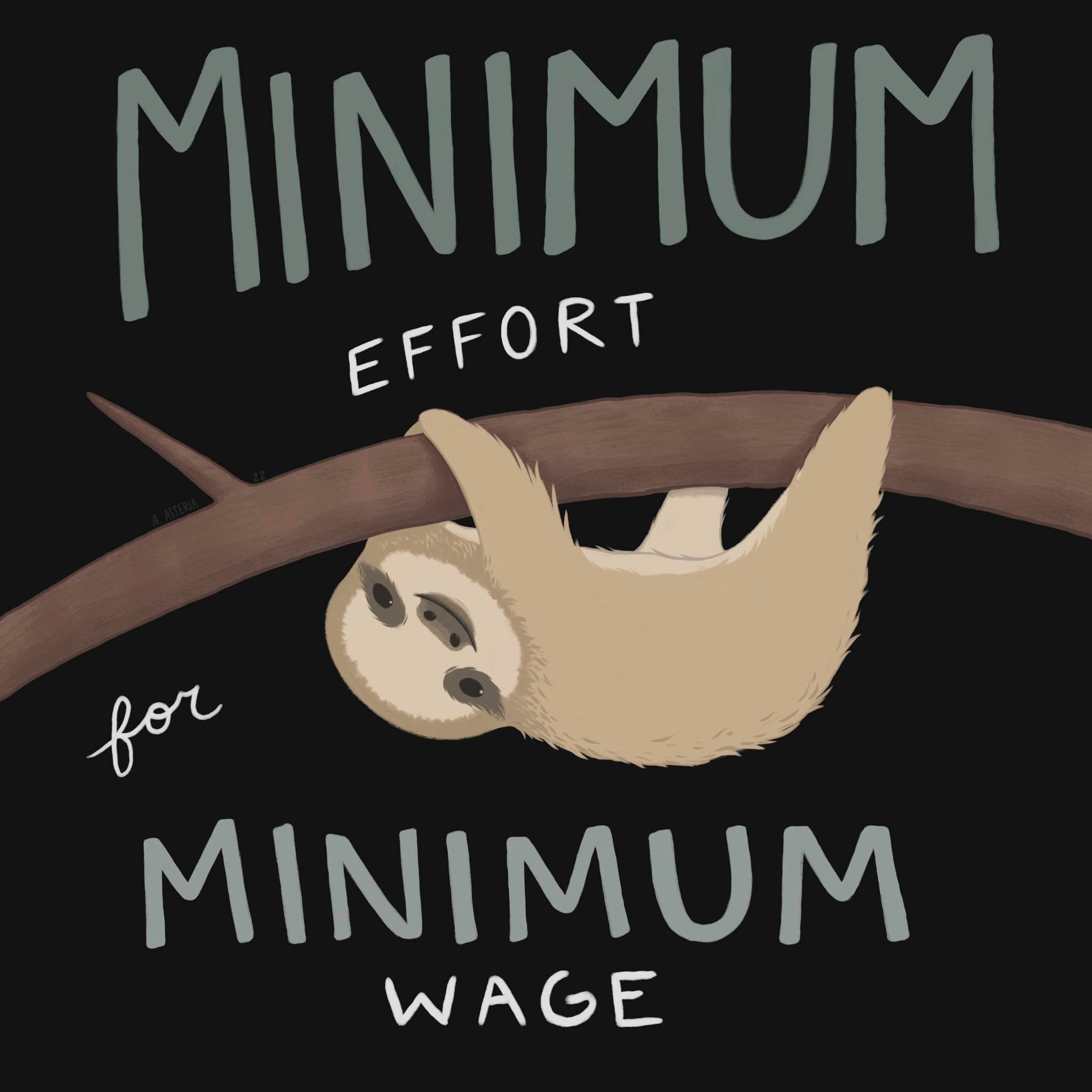 The meme features a sloth hanging from a tree branch, with a caption that reads "Minimum effort for a minimum wage." The image is humorous because it pokes fun at the idea that someone is only putting in the bare minimum of work, despite being paid a minimum wage, which is a common complaint in the workplace. The sloth's relaxed and unenthusiastic demeanor adds to the humor, implying that they're just going through the motions.